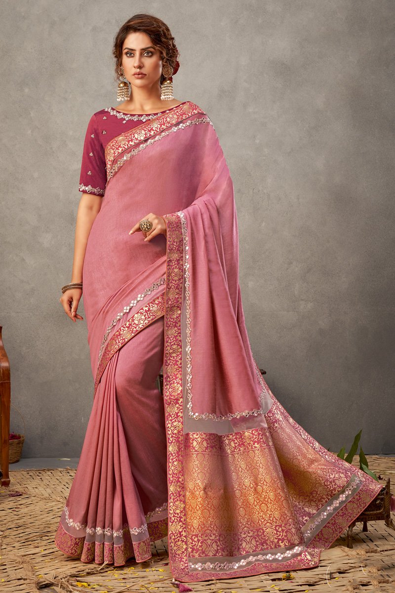 Art Silk Fabric Pink Color Fancy Border Work Festive Wear Saree