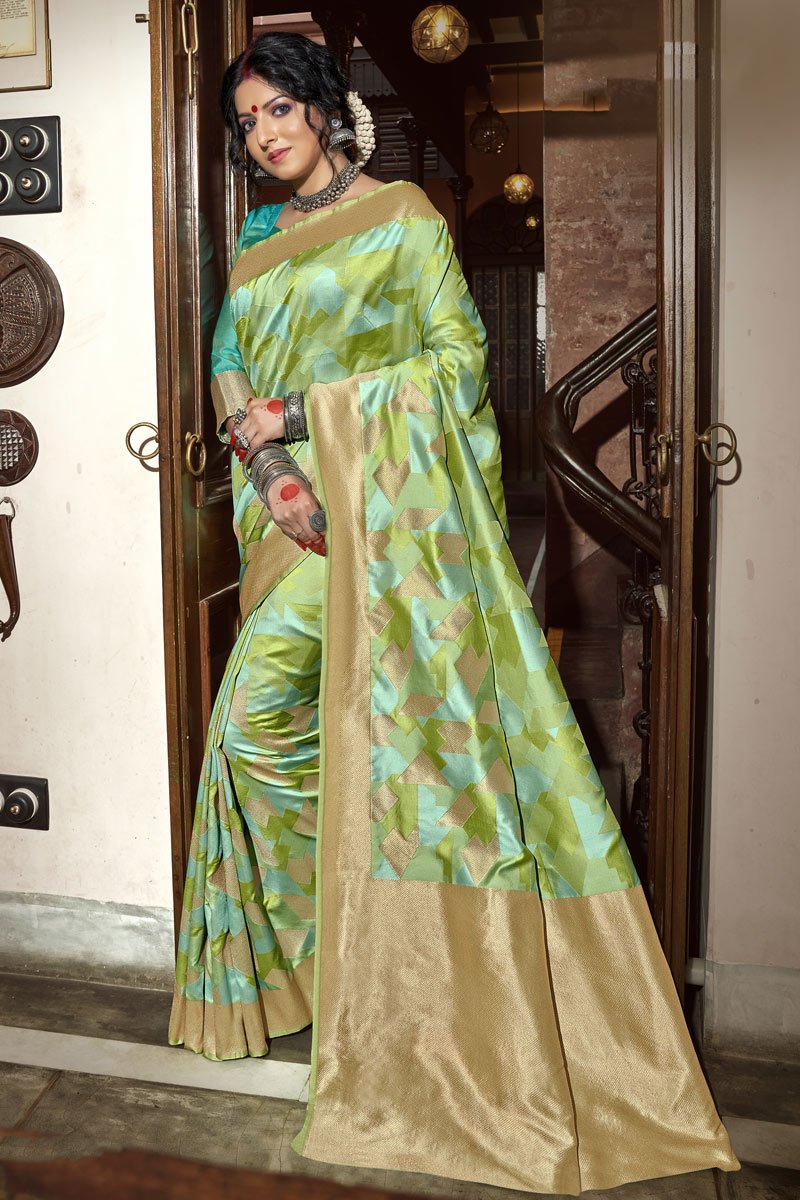 Art Silk Fabric Weaving Work Sea Green Color Wedding Wear Fancy Saree