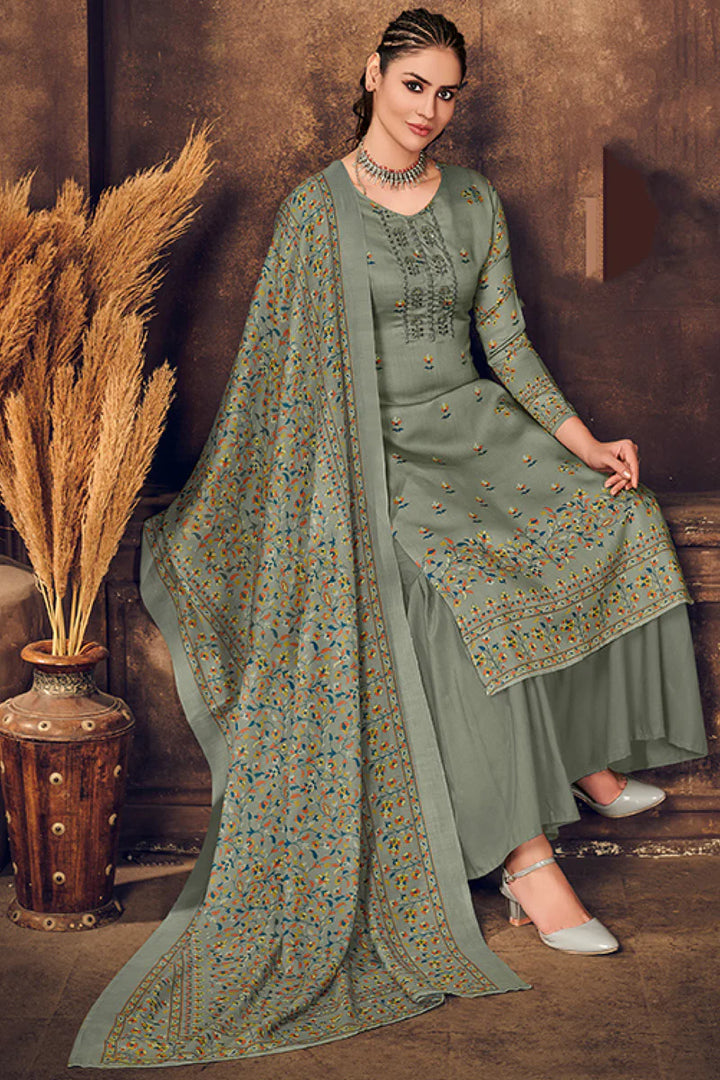 Engaging Khaki Color Cotton Fabric Digital Printed Palazzo Suit