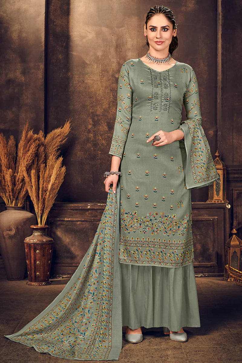 Engaging Khaki Color Cotton Fabric Digital Printed Palazzo Suit