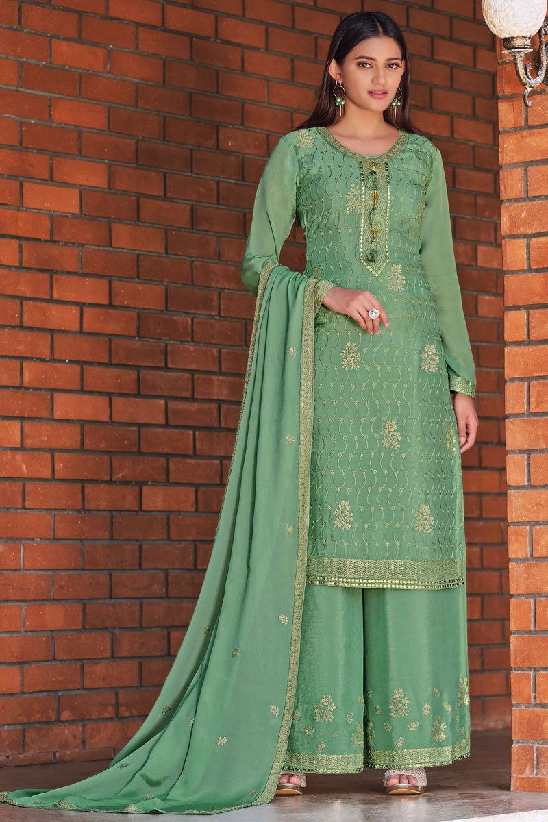 Sea Green Color Festive Wear Fancy Embroidered Chinon Fabric Palazzo Salwar Suit