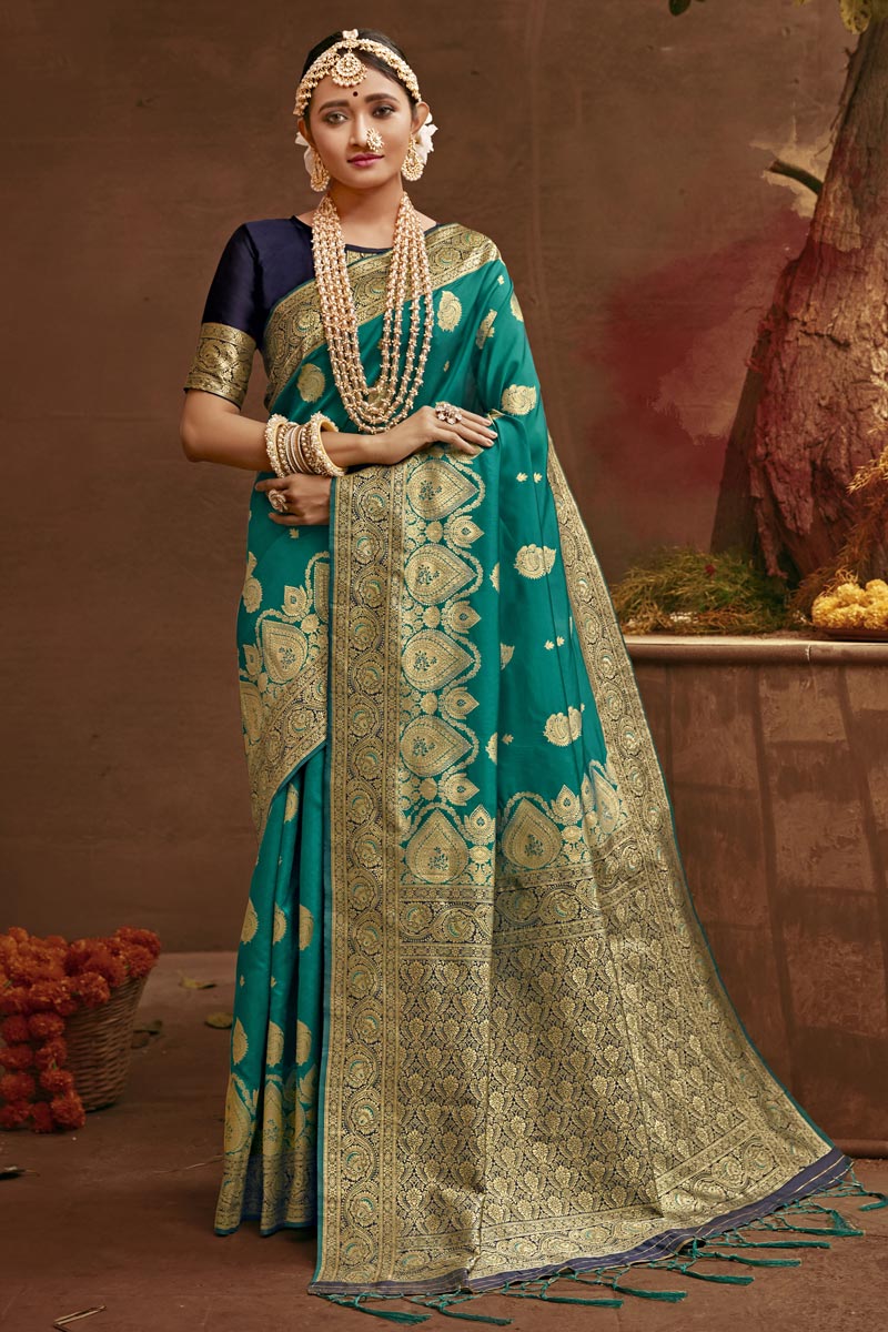Sangeet Wear Teal Color Art Silk Fabric Weaving Work Fancy Saree