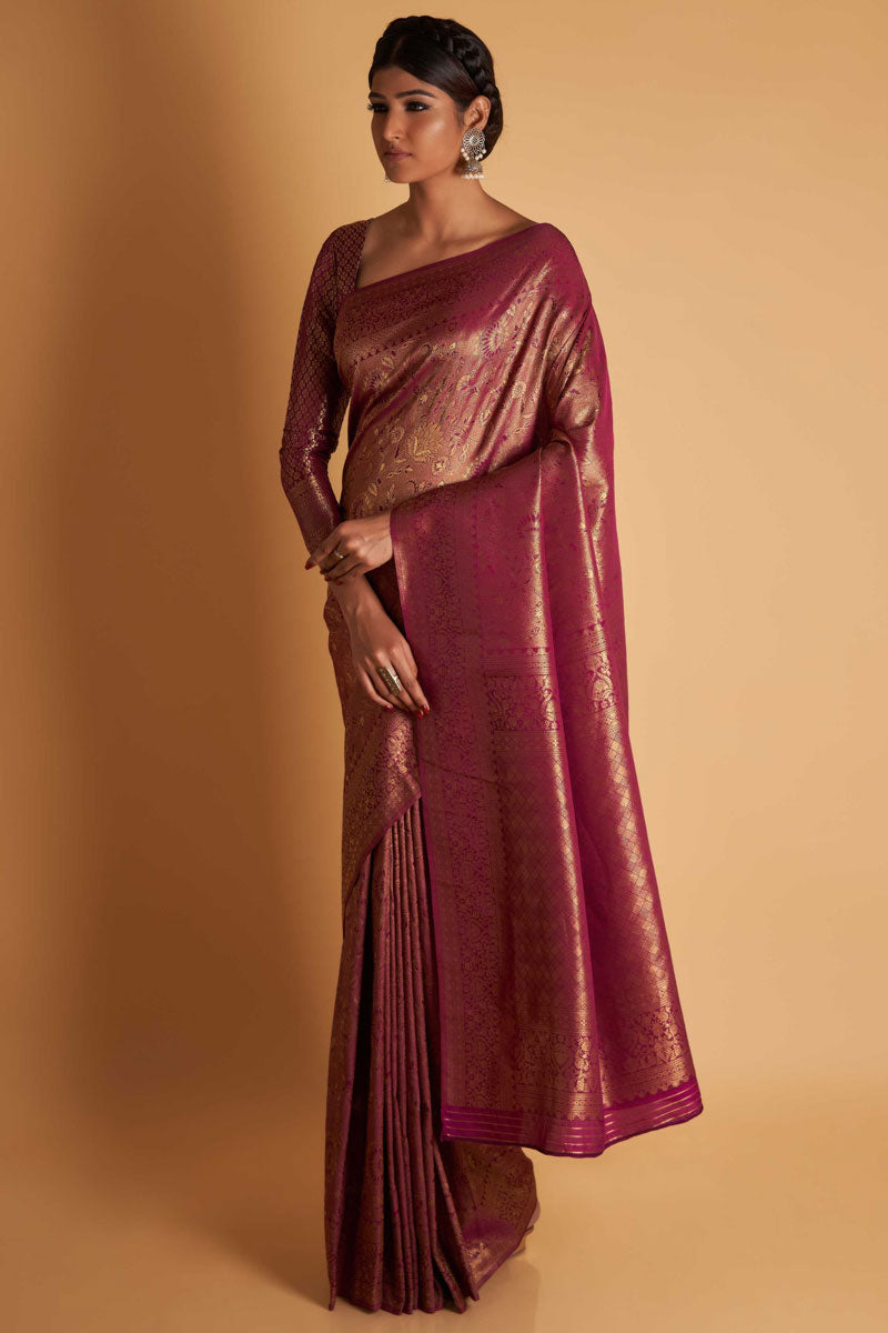 Kanjivaram Silk Wine Color Intricate Weaving Work Two Tone Saree