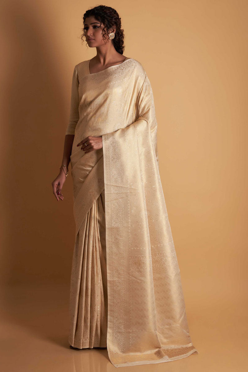 Winsome Weaving Work On Cream Color Kanjivaram Silk Two Tone Saree