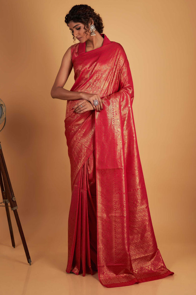 Weaving Work Kanjivaram Silk Red Color Provocative Two Tone Saree