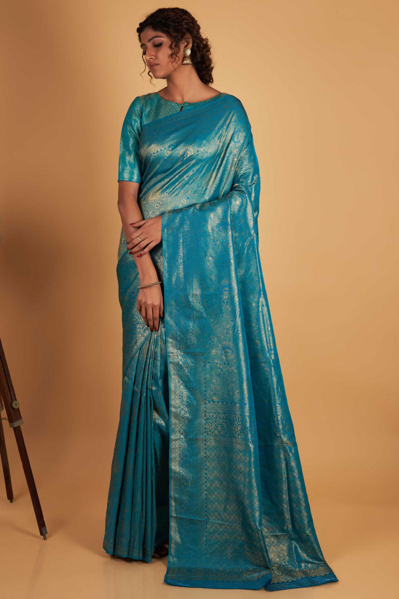 Weaving Work On Cyan Color Kanjivaram Silk Stylish Two Tone Saree