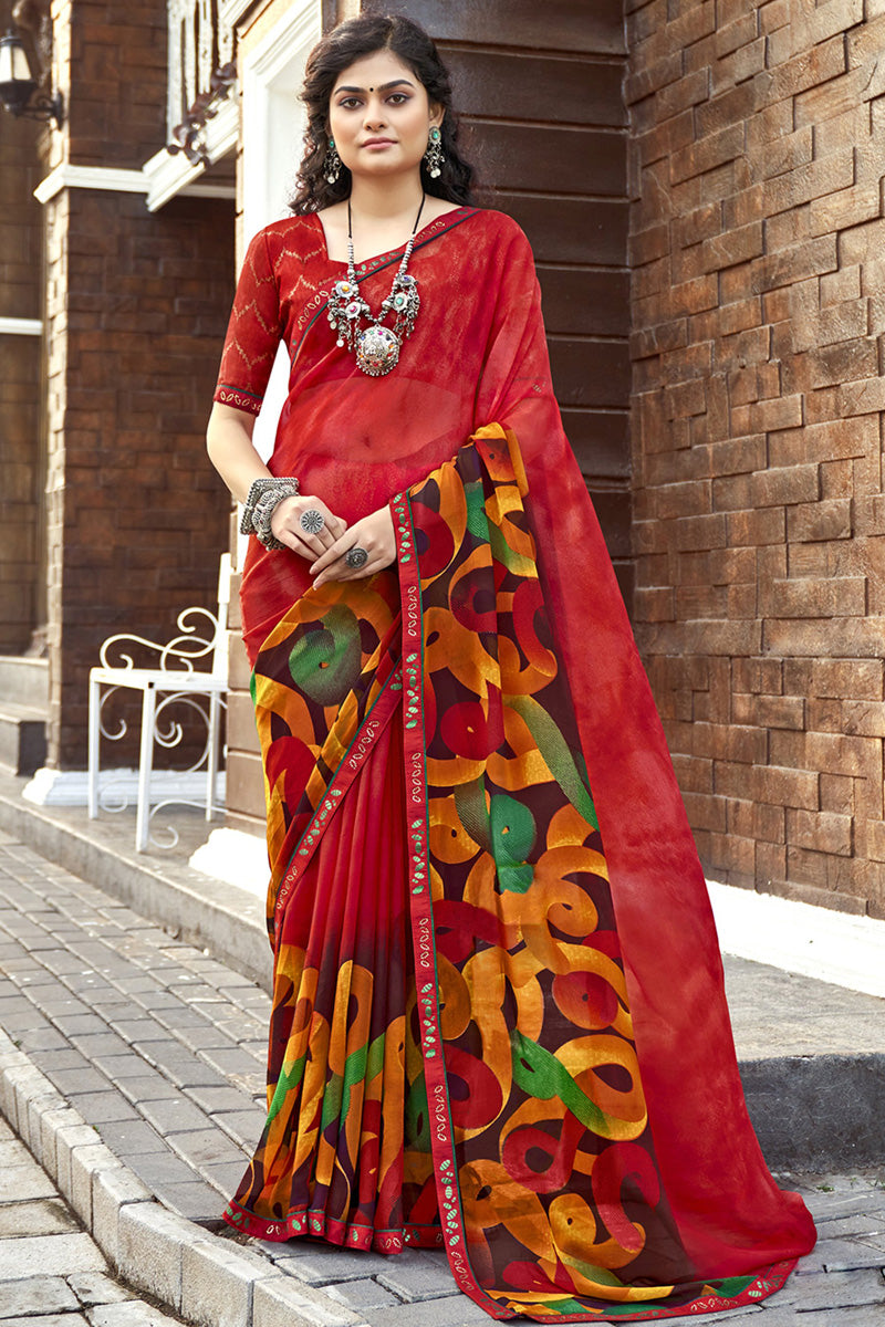 Red Georgette Printed Saree with Unstiched Blouse