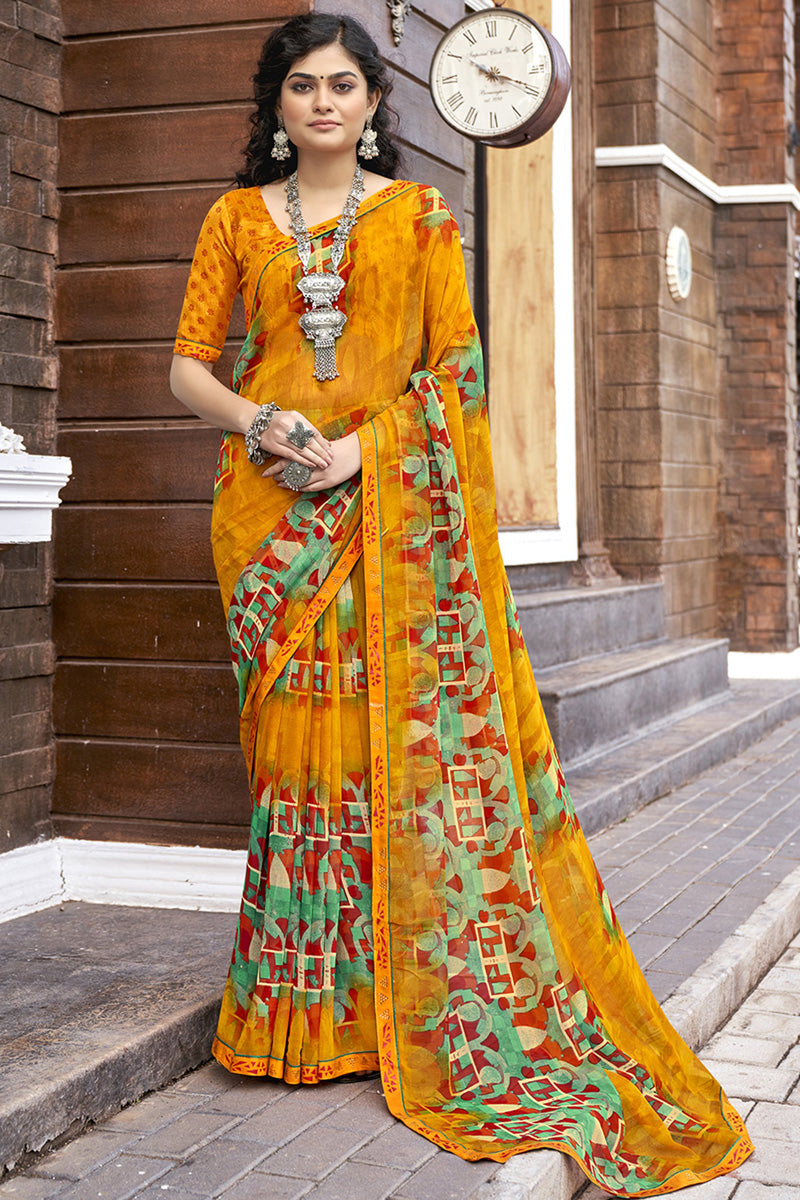 Mustard Georgette Printed Saree with Unstiched Blouse