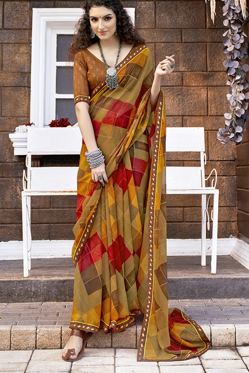 Multi Color Georgette Printed Saree with Unstiched Blouse
