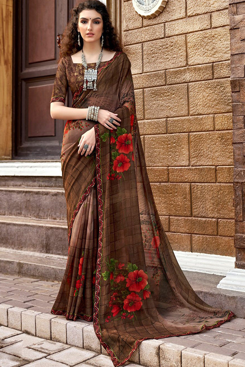 Brown Georgette Printed Saree with Unstiched Blouse
