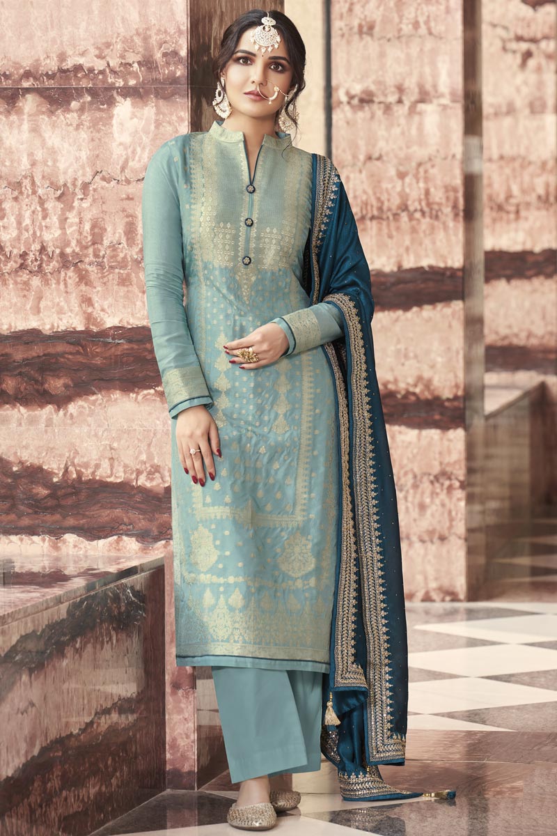 Light Cyan Color Inventive Jasmin Bhasins Palazzo Suit In Art Silk Fabric