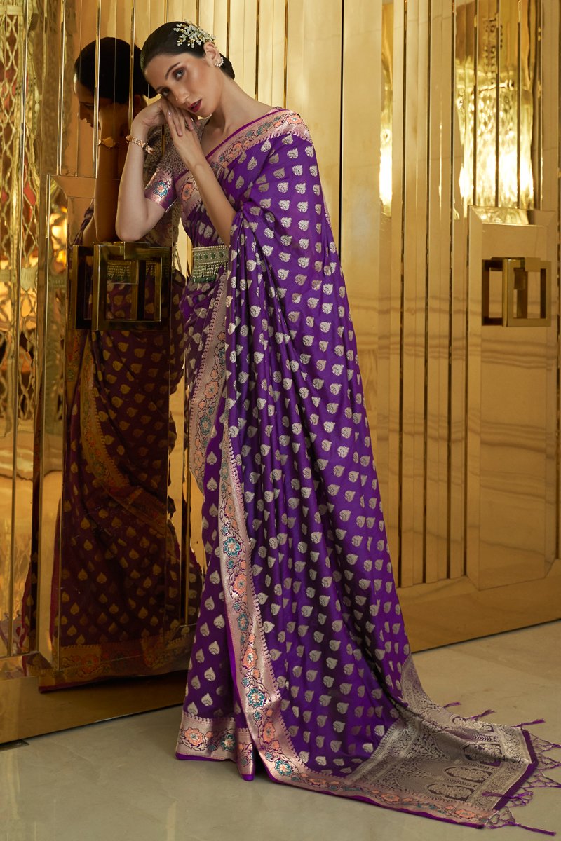 Purple Color Party Style Weaving Work Satin Silk Fabric Saree