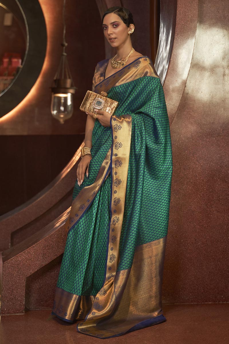 Art Silk Fabric Sparkling Green Color Weaving Work Saree