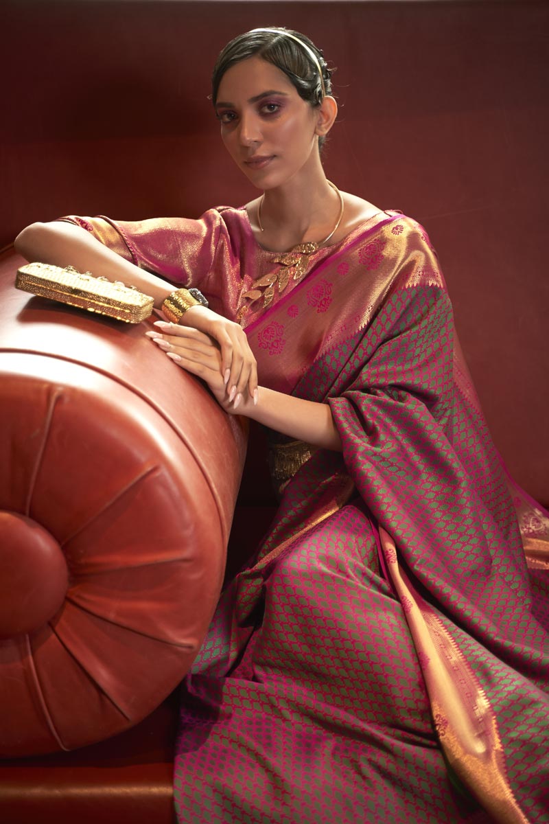 Fascinating Peach Color Art Silk Fabric Weaving Work Saree