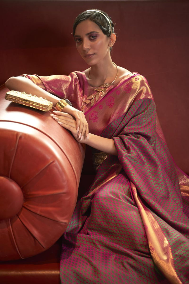Fascinating Peach Color Art Silk Fabric Weaving Work Saree