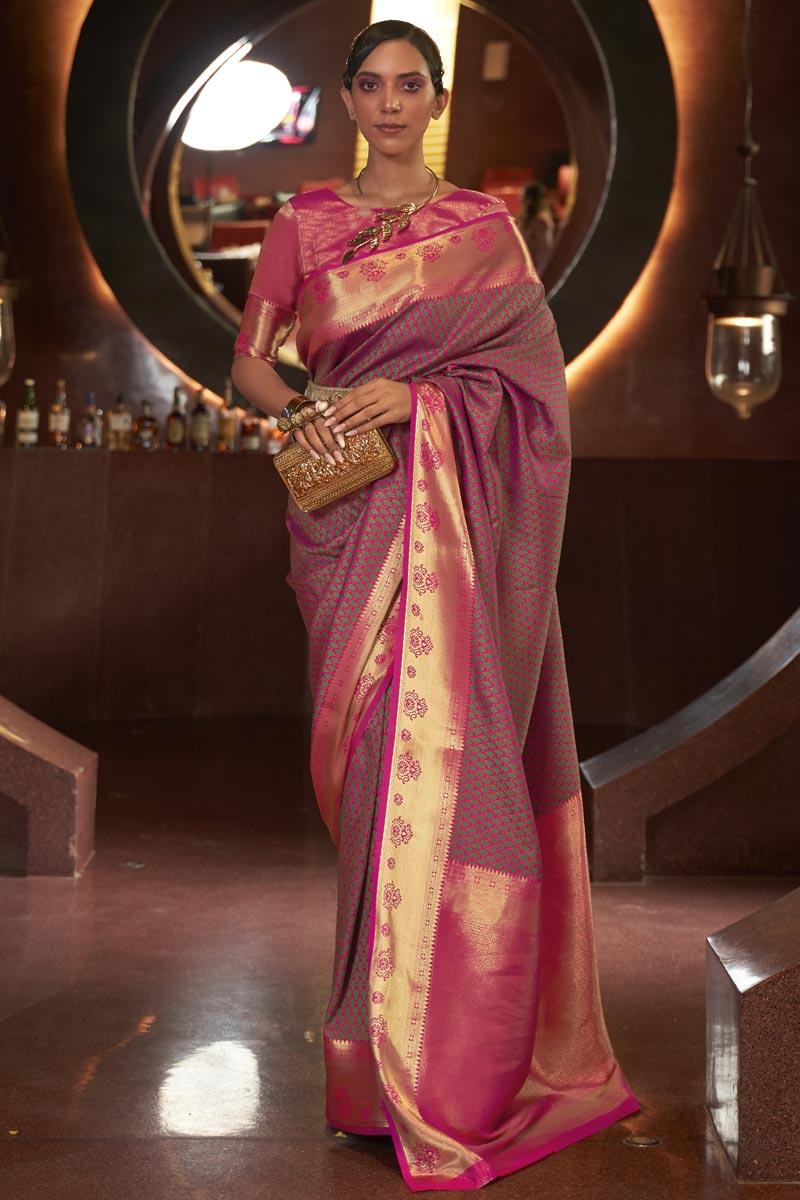 Fascinating Peach Color Art Silk Fabric Weaving Work Saree