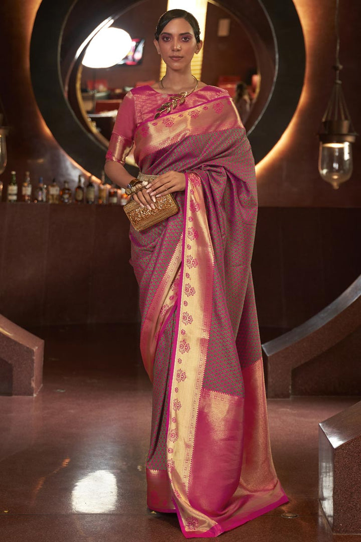 Fascinating Peach Color Art Silk Fabric Weaving Work Saree