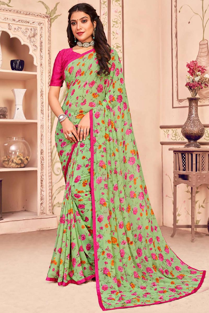 Casual Wear Sea Sea Green Color Printed Saree
