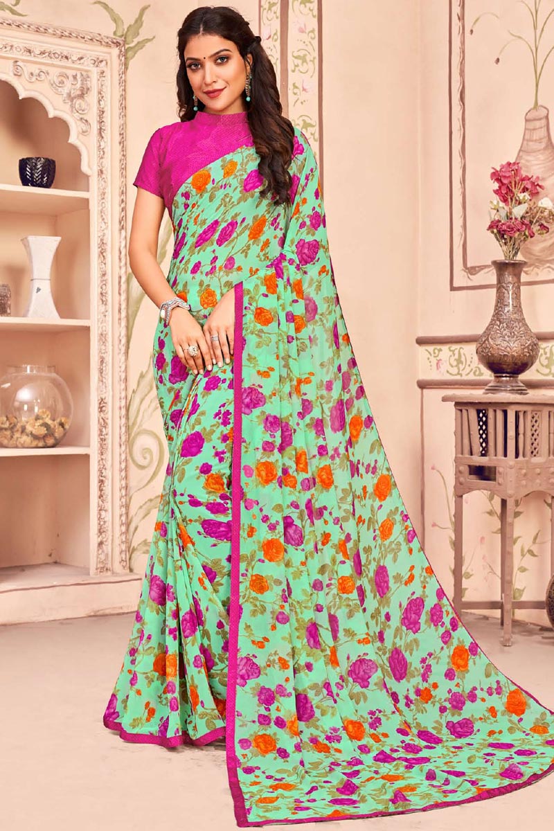 Georgette Fabric Sea Green Color Printed Saree
