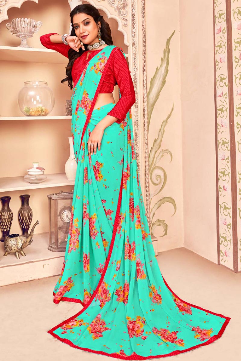 Georgette Fabric Daily Wear Printed Saree In Sea Green Color