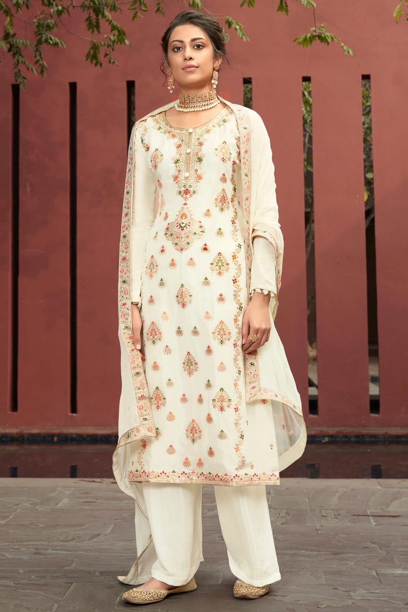 Off White Color Function Wear Fancy Weaving Work Palazzo Dress In Jacquard Fabric