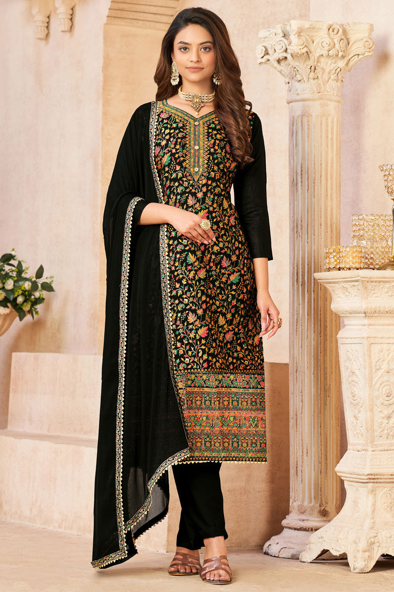 Black Color Pure Dola Jacquard Work Straight Salwar Suit