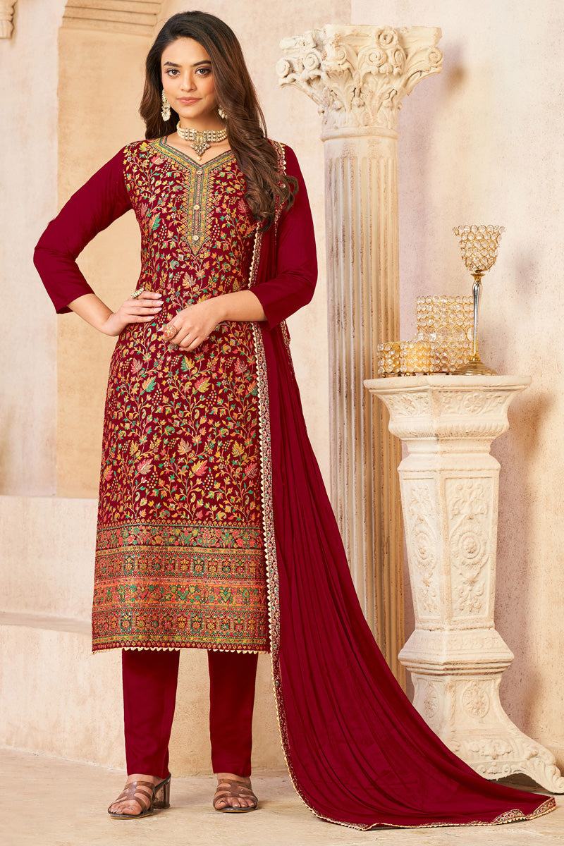 Pure Dola Maroon Color Diamond Trendy Salwar Suit