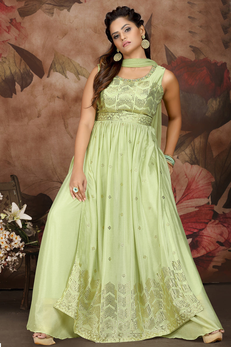 Chinon Fabric Green Color Pleasance Palazzo Suit