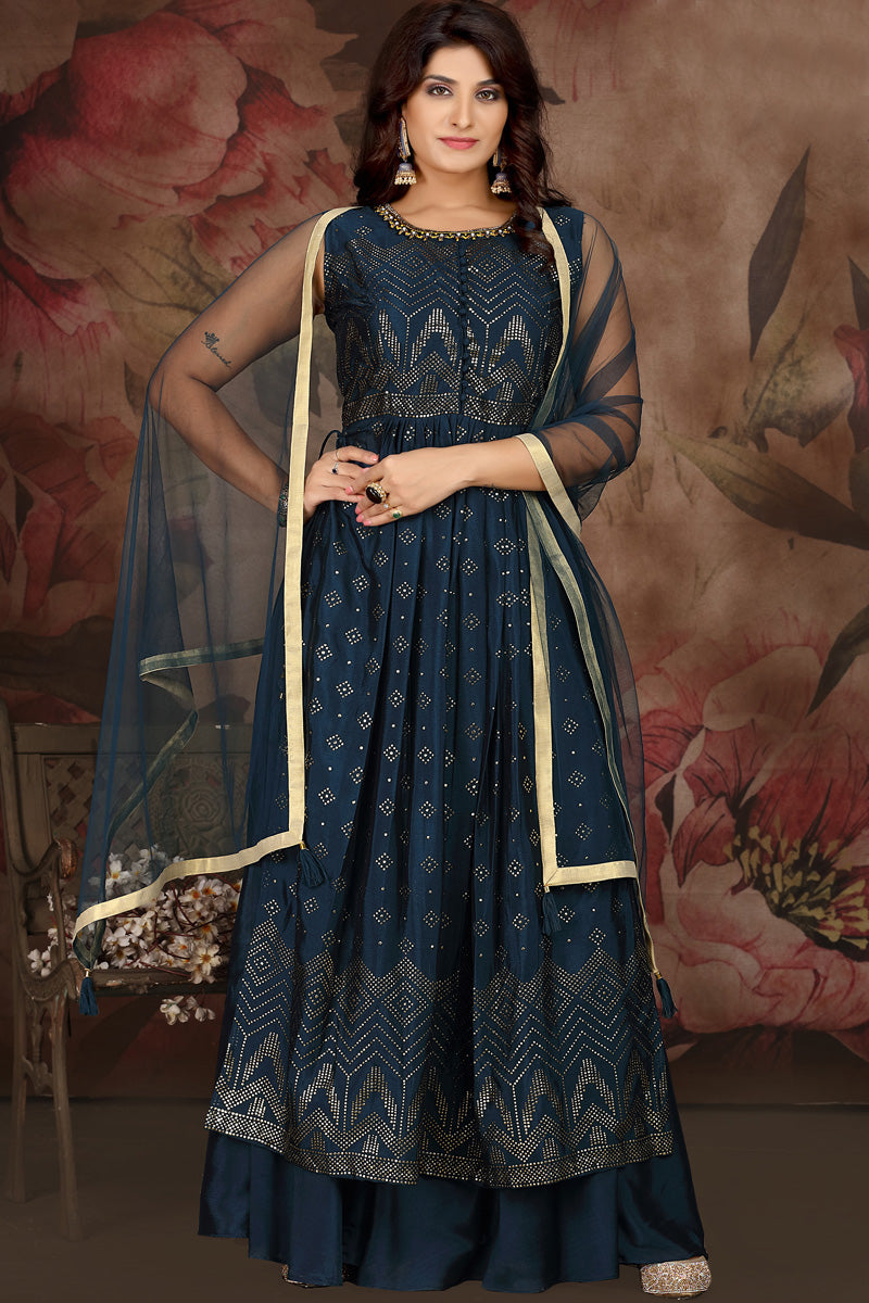 Teal Color Chinon Fabric Coveted Palazzo Suit
