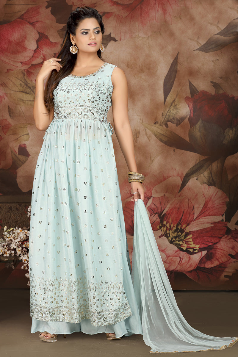 Chinon Fabric Light Cyan Color Excellent Palazzo Suit