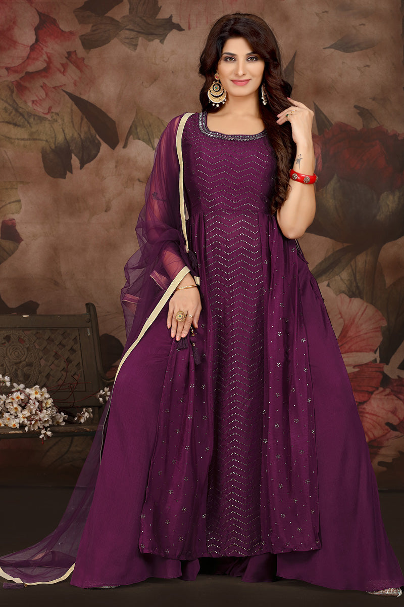 Chinon Fabric Purple Color Fancy Work Patterned Palazzo Suit