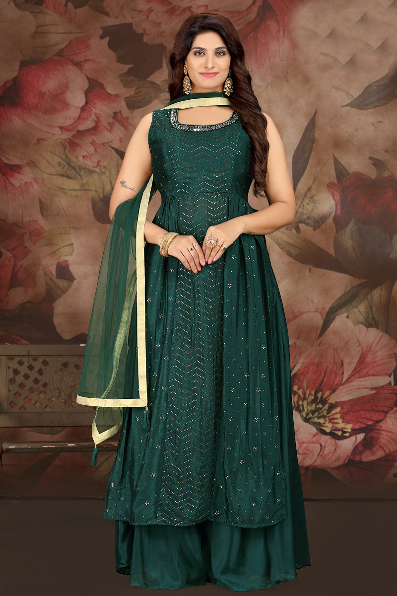 Dark Green Color Chinon Fabric Engaging Palazzo Suit