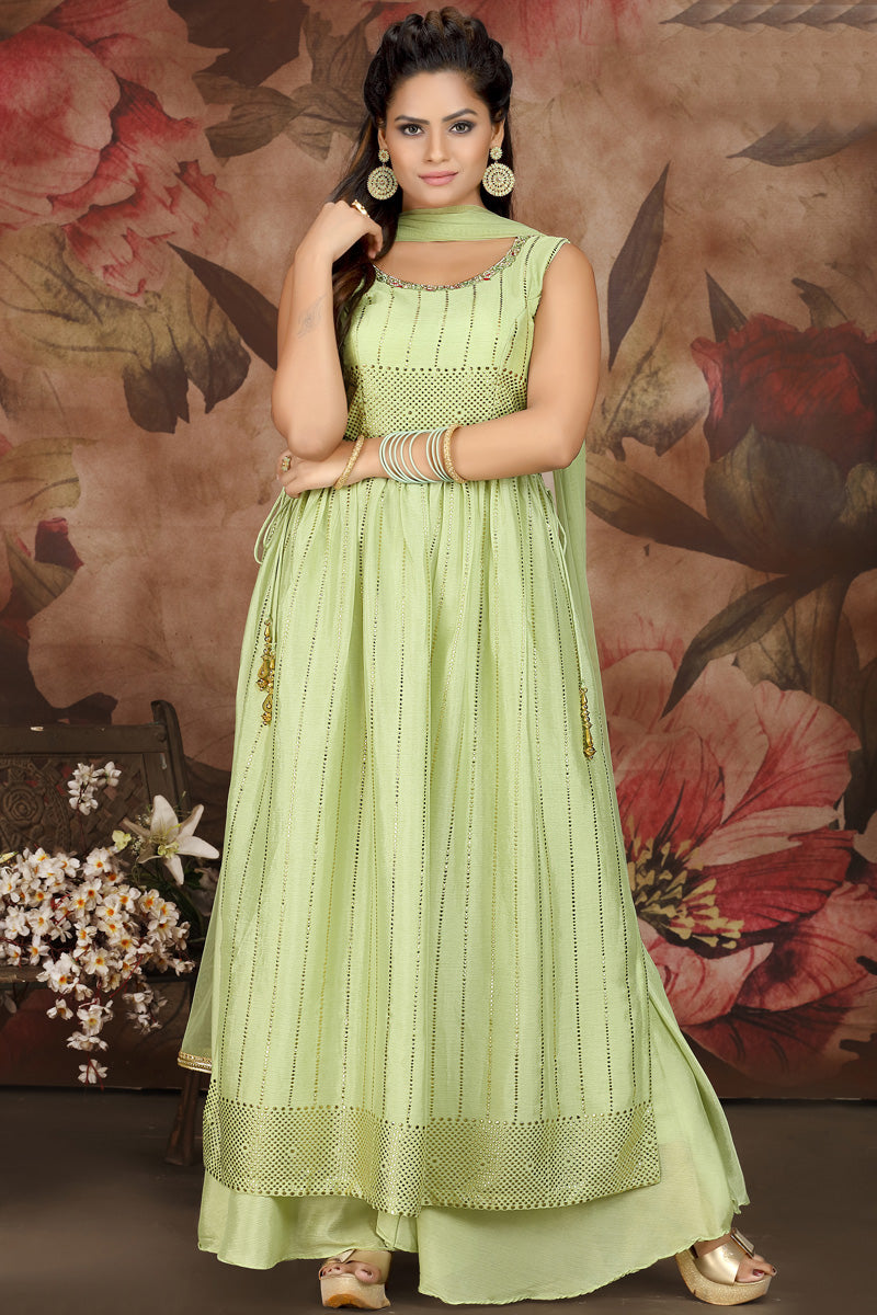 Sea Green Color Sober Palazzo Suit In Chinon Fabric