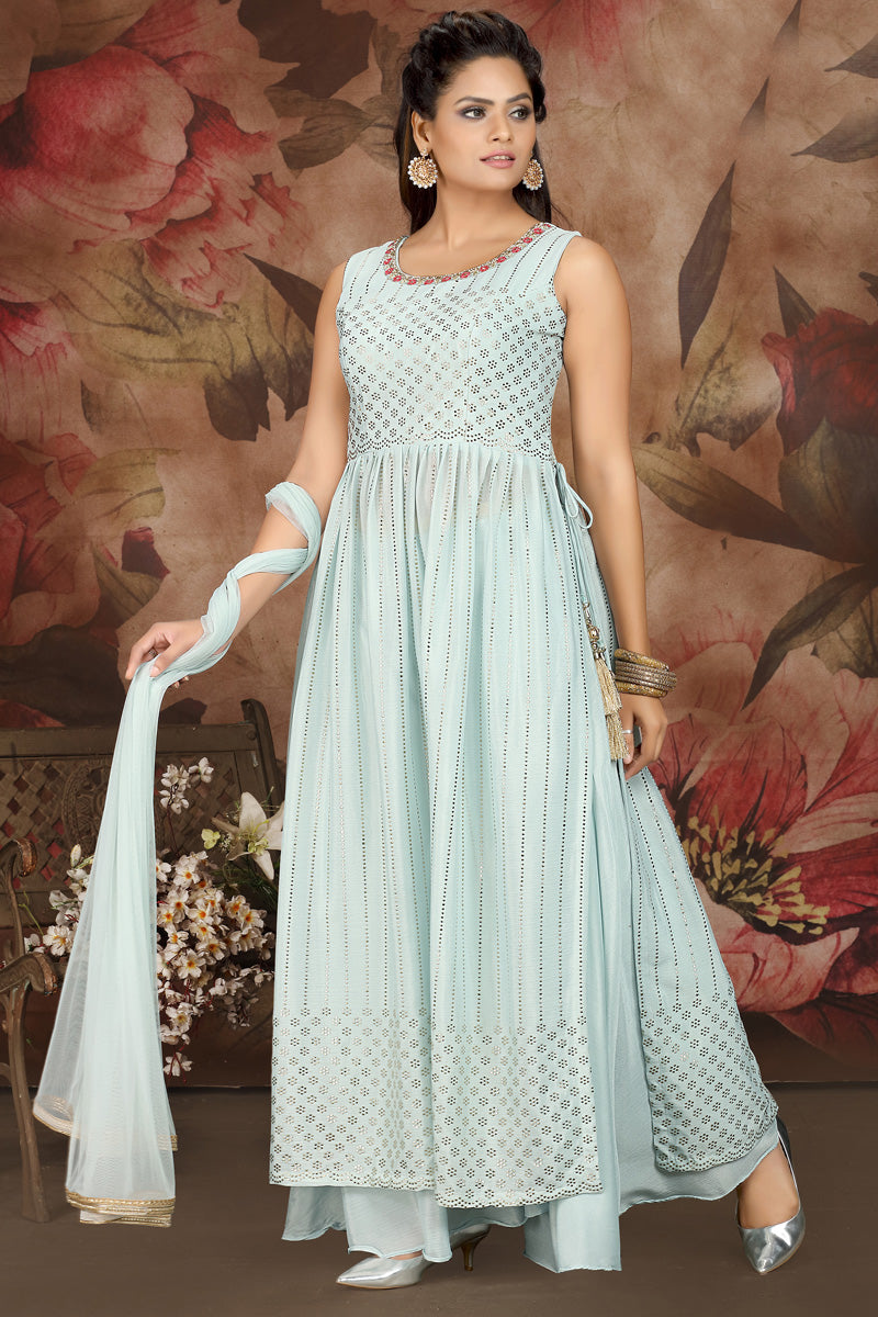 Incredible Chinon Fabric Light Cyan Color Palazzo Suit