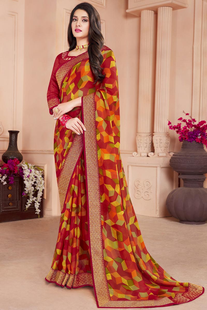 Chiffon Fabric Maroon Color Saree With Printed Work