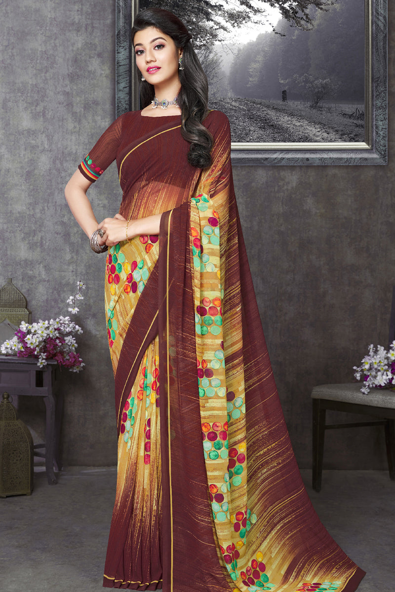 Engaging Brown Color Daily Wear Georgette Fabric Printed Saree