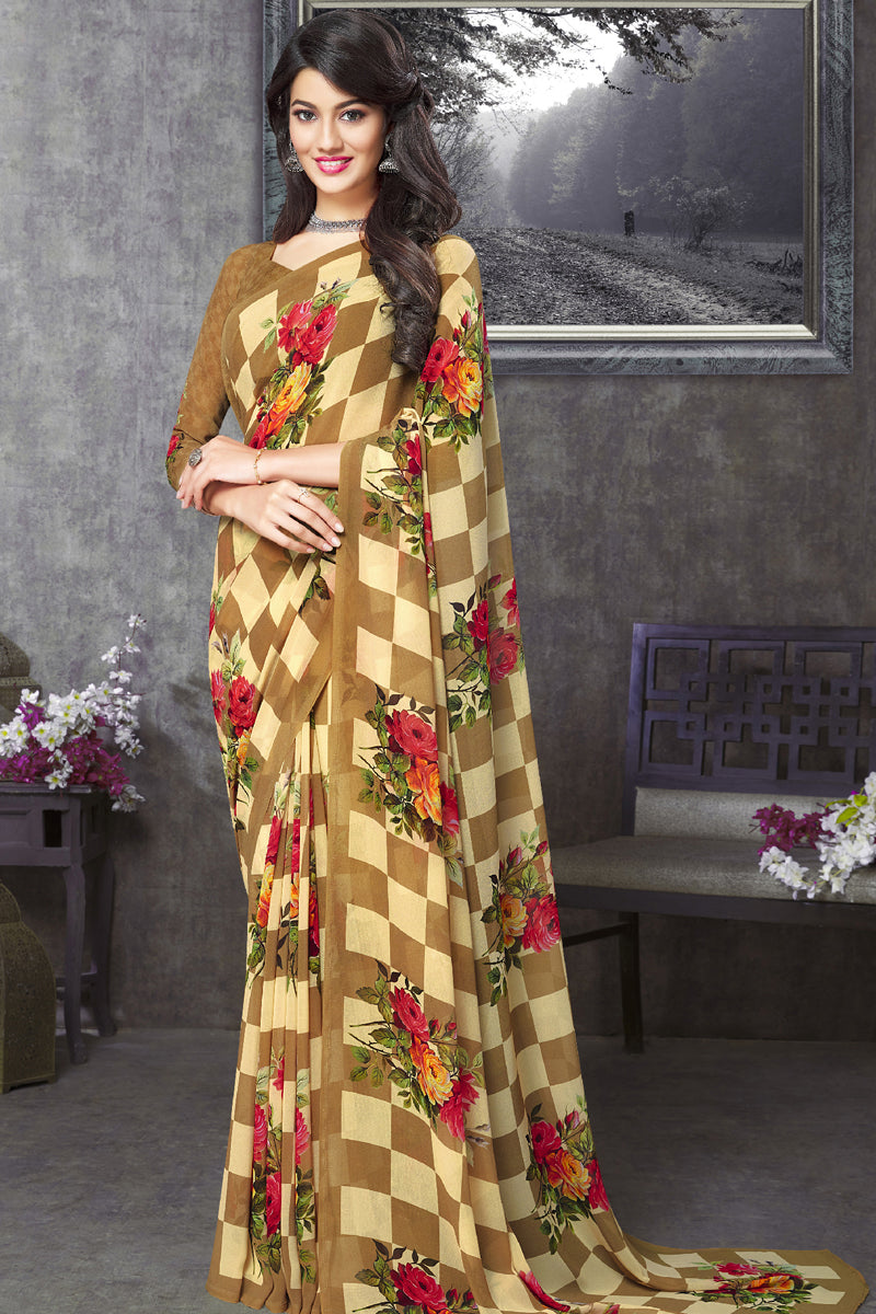 Fetching Casual Cream Color Georgette Fabric Printed Saree
