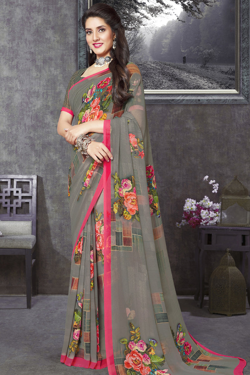 Striking Grey Color Regular Wear Georgette Fabric Printed Saree