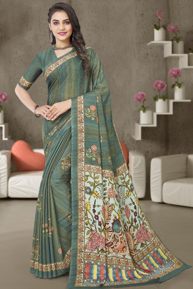 Fetching Casual Teal Color Georgette Fabric Printed Saree