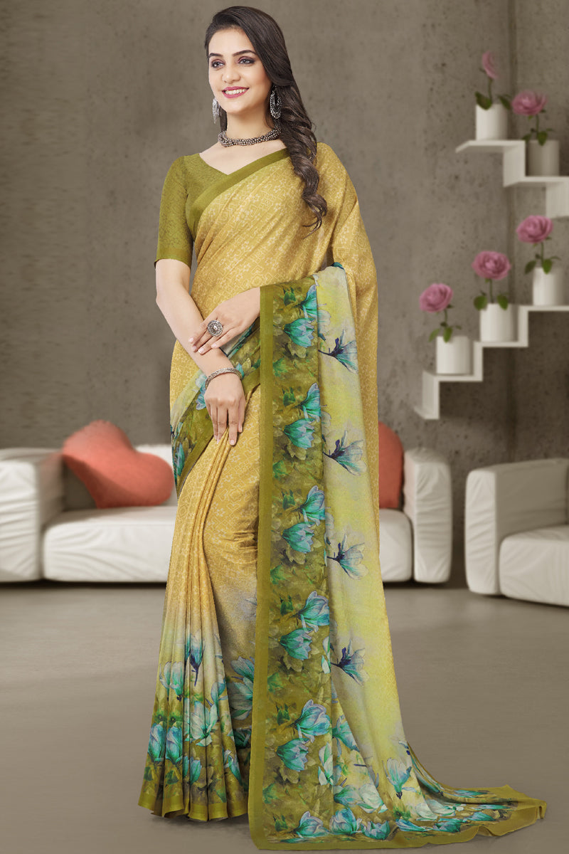 Lovely Cream Color Daily Wear Georgette Simple Printed Saree