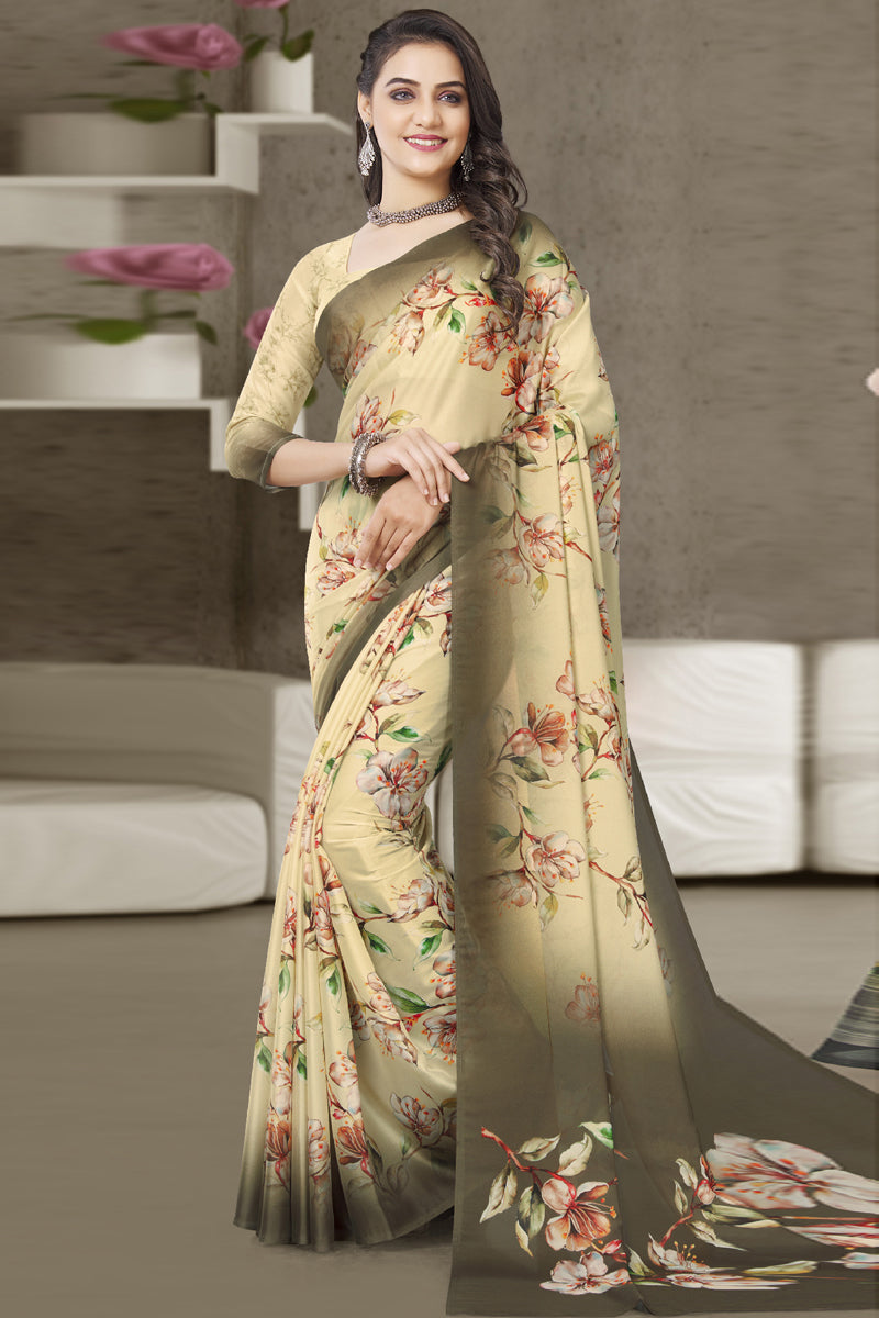Attractive Daily Wear Georgette Fabric Printed Saree In Beige Color