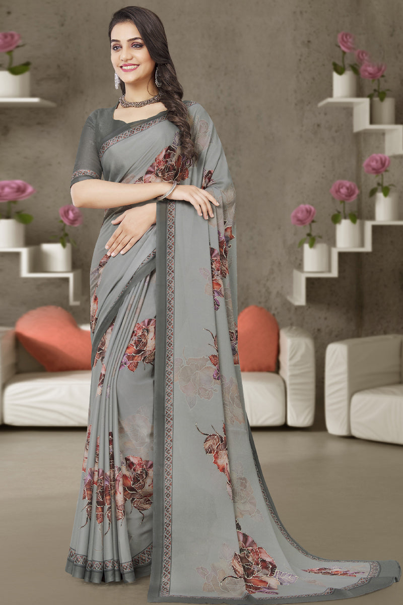 Graceful Georgette Regular Wear Grey Color Simple Printed Saree
