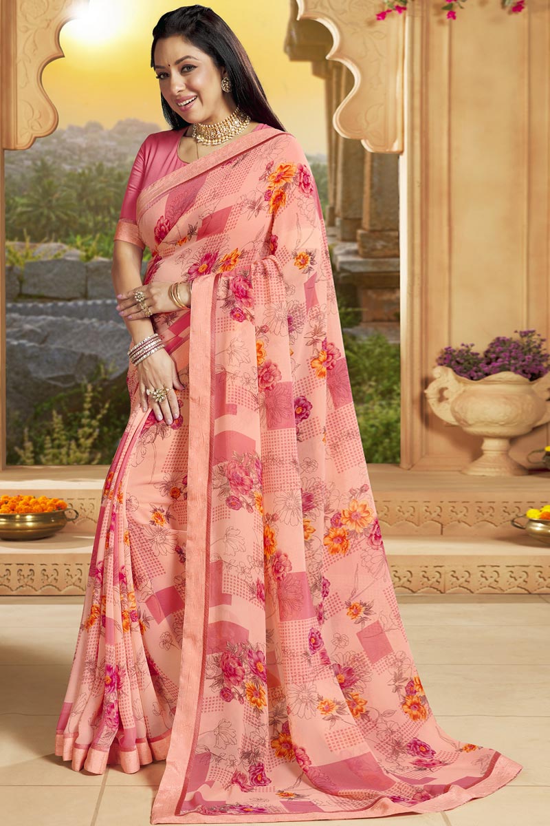 Georgette Fabric Casual Wear Stunning Printed Work Saree Featuring Anupamaa Fame Rupali Ganguly In Peach Color