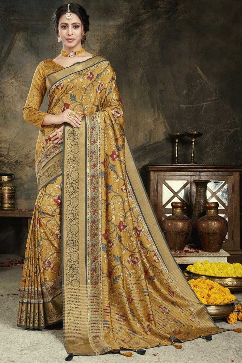 Beautiful Border Work On Silk Fabric Mustard Color Festival Wear Saree