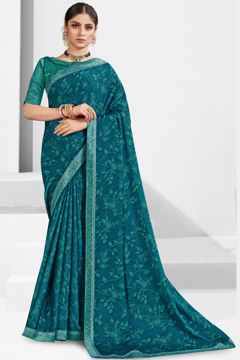 Teal Color Pleasance Georgette Printed Saree