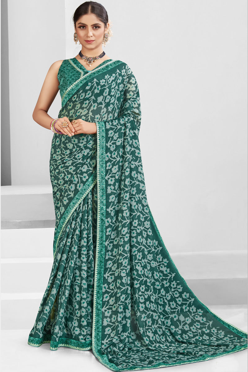 Incredible Dark Green Color Georgette Printed Saree
