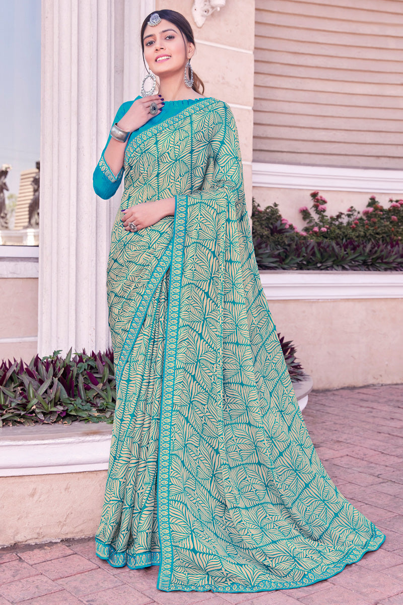 Cyan Color Georgette Coveted Printed Casual Saree