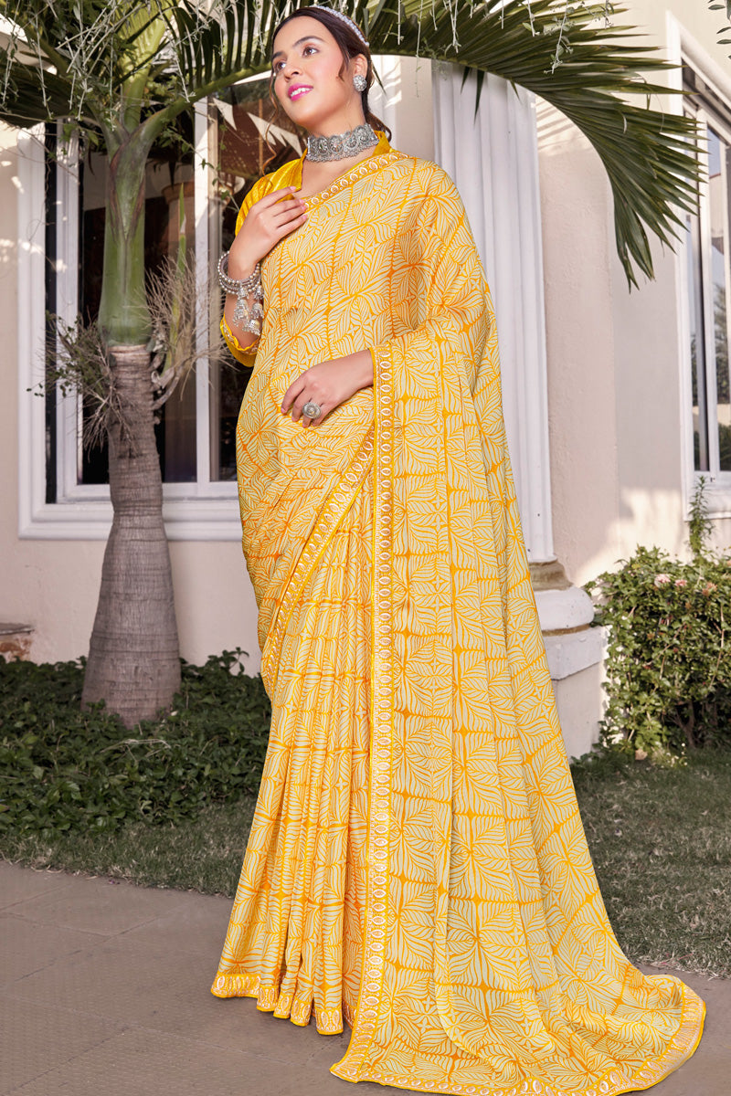 Georgette Yellow Color Delicate Printed Casual Saree