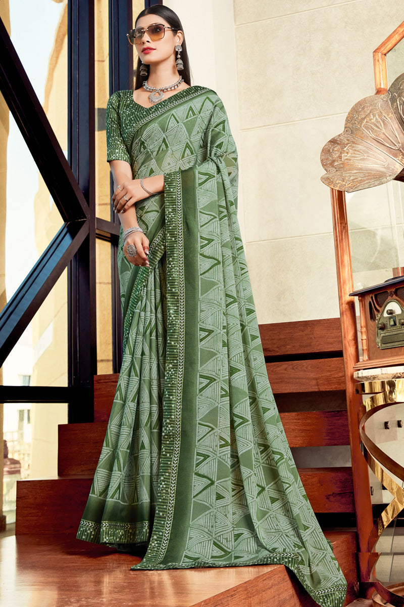Excellent Georgette Olive Color Casual Look Printed Saree