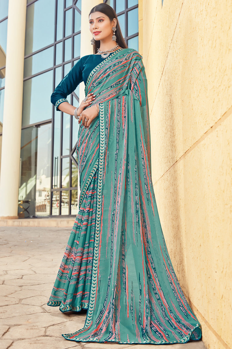 Creative Casual Look Printed Georgette Saree In Sea Sea Green Color